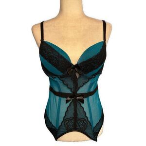 top melon lingerie Bustier Padded Push Up Teal Blue Black Lace Large